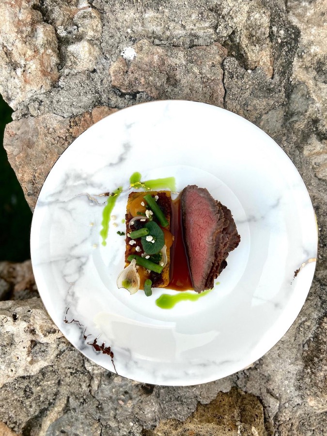 Beef tenderloin on a marble plate, seen from above
