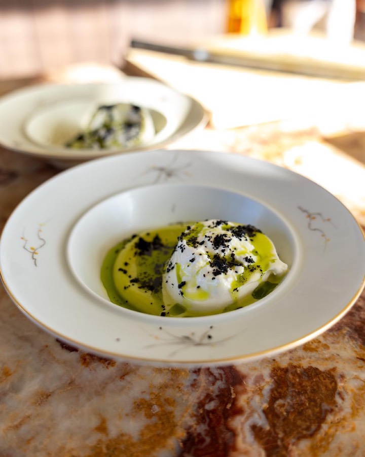 Soft cheese with herb oil and black crumble in a gold-rimmed bowl
