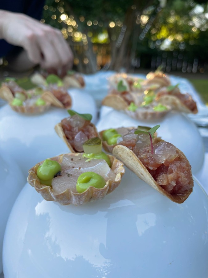 Tuna tartare canapés in crisp shells served on white bowls
