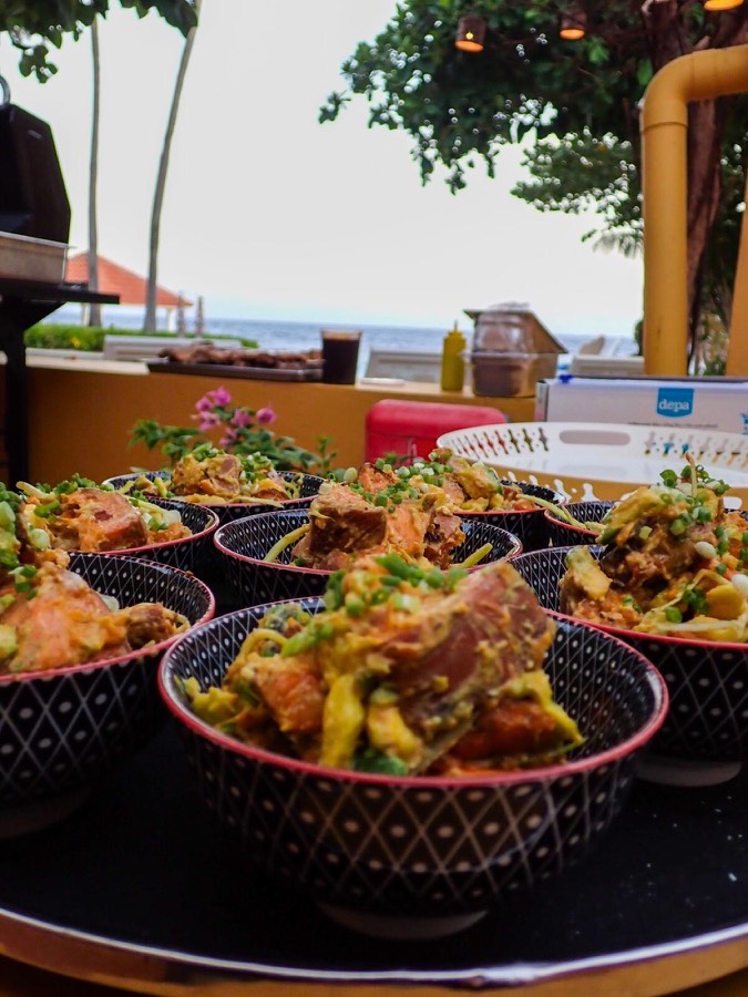 Bowls of salad served at an outdoor beach party